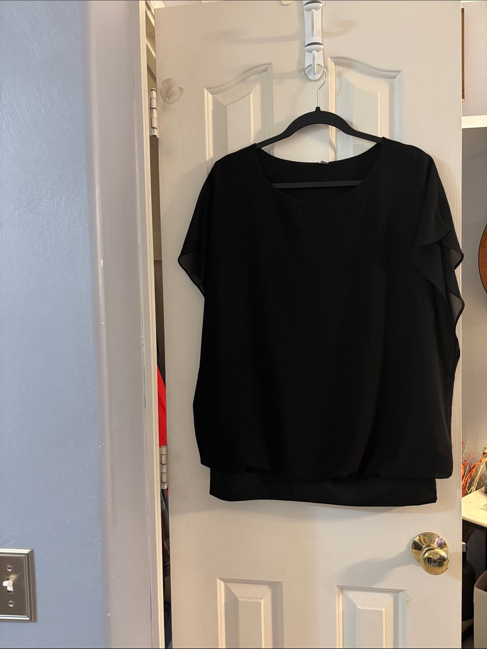 Black Chiffon Overlay Blouse with Short Flutter Sleeves XL
